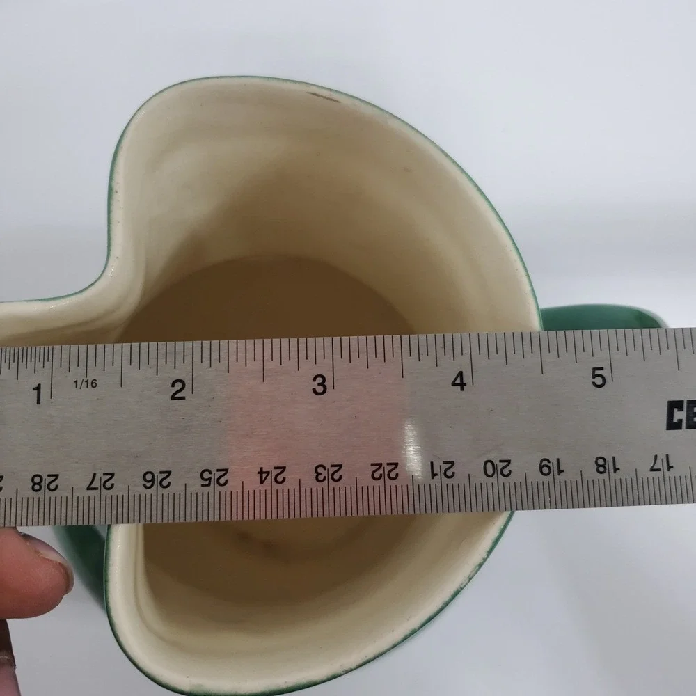 VTG Erphila Art Pottery Pitcher‎ Green Ceramic Czechoslovakia 7 in Tall See Flaw